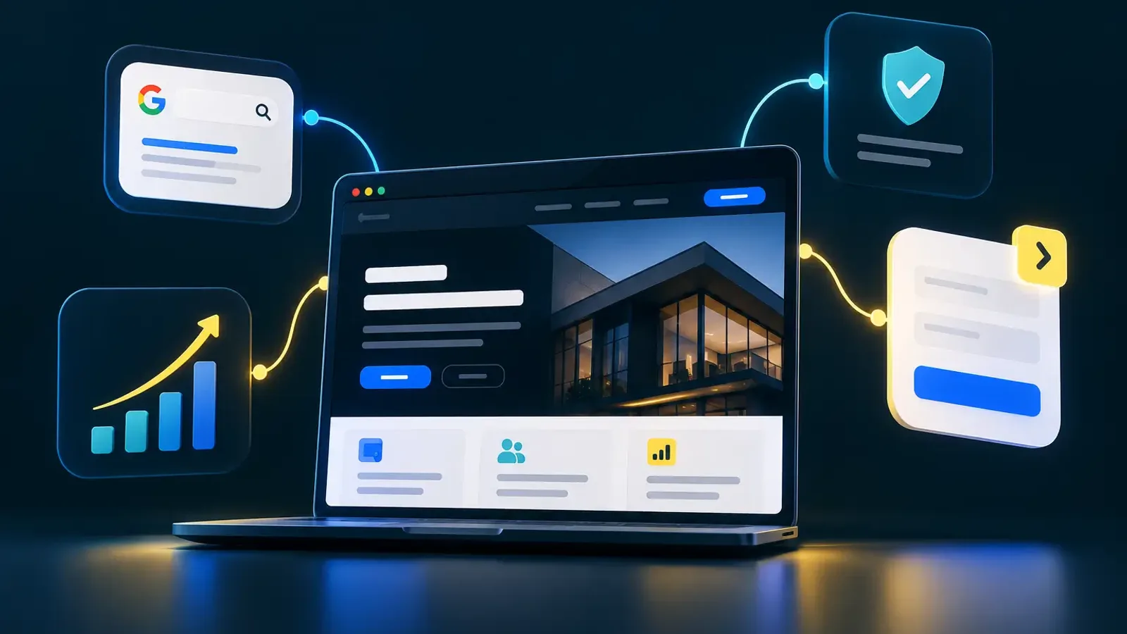 Ordinateur affichant un site web d’entreprise relié à Google, à une courbe de croissance et à un formulaire de contact